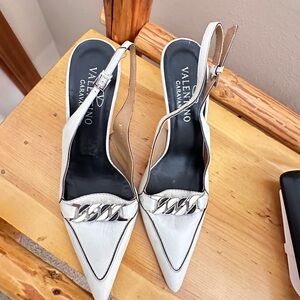 Valentino Garavani White Slingback Heels with Metallic Chain